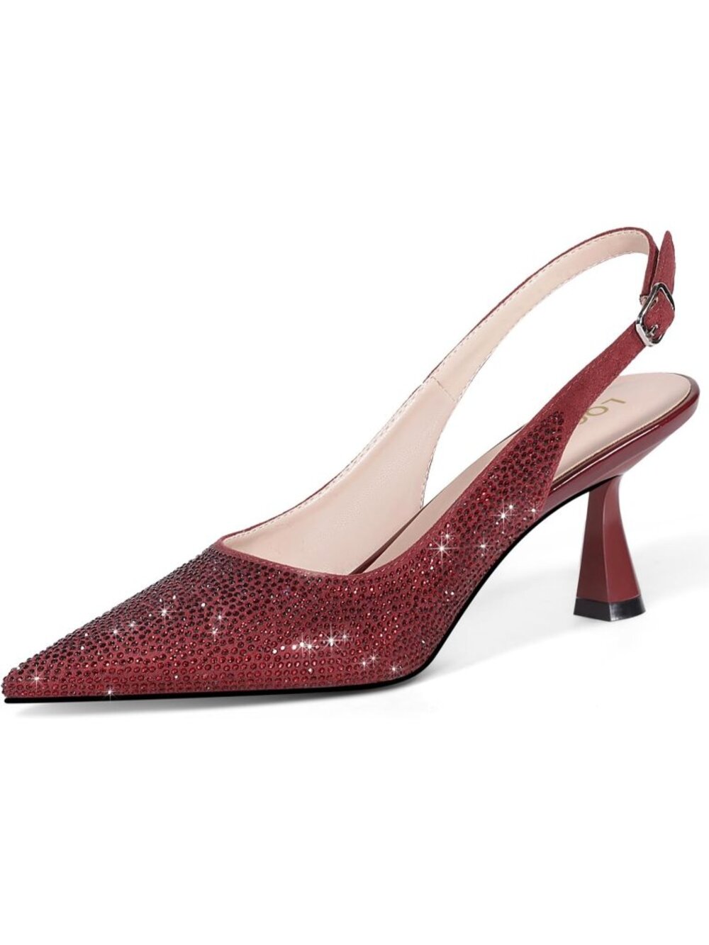 Women's Burgundy Kitten Heels Slingback Low Heel Shoes Closed Toe Rhinestone